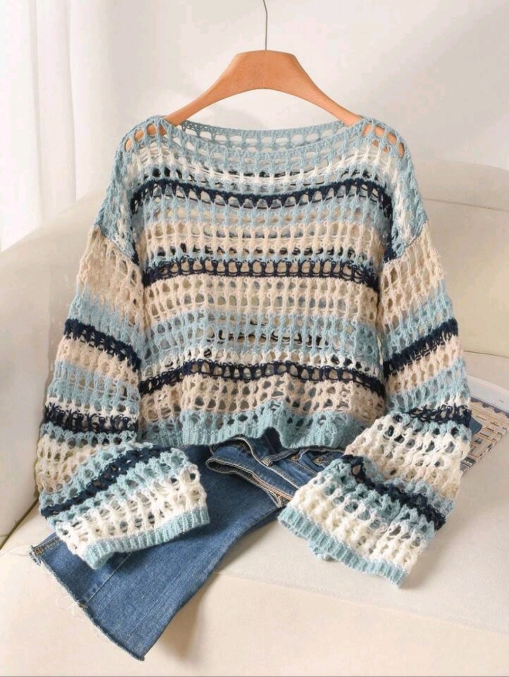 Open-Knit Striped Scoop-Neck Sweater in Light Blue & White